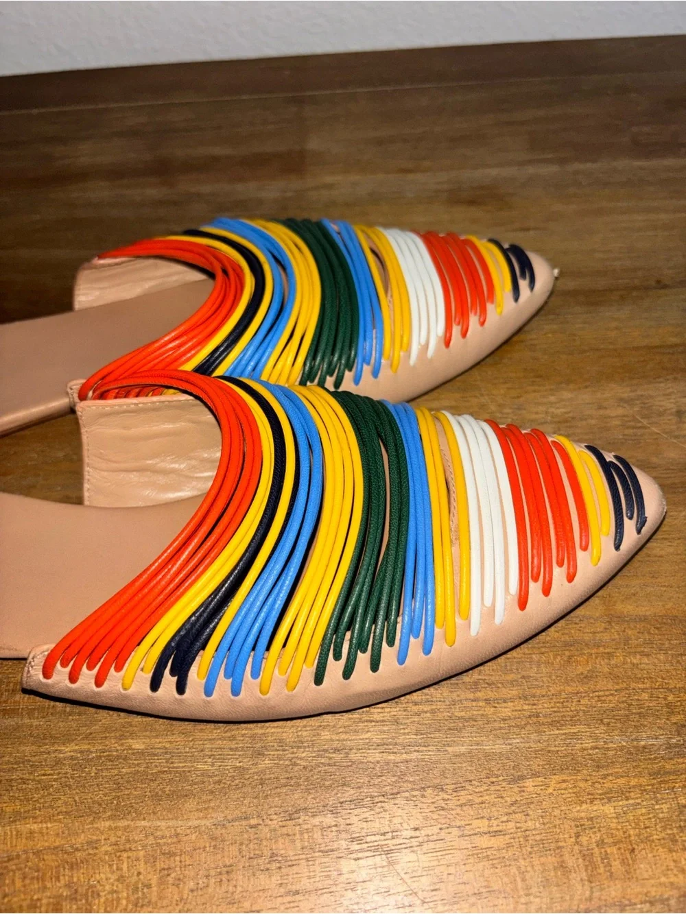 Tory Burch Tan Leather Pointed Mule with Rainbow Stripes